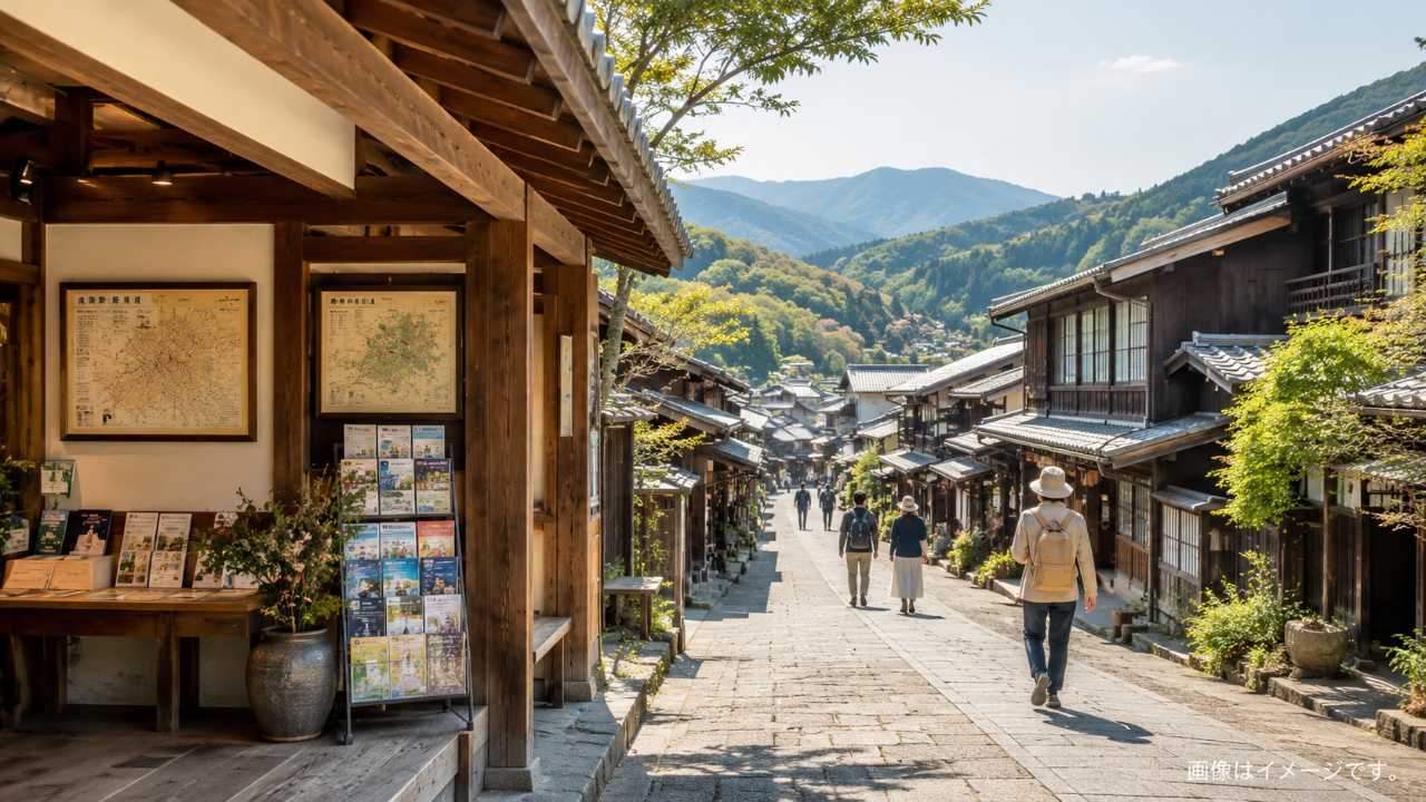 岐阜県の中山道宿場町をイメージした、落ち着いた観光案内所と古い町並み、散策する旅行者
