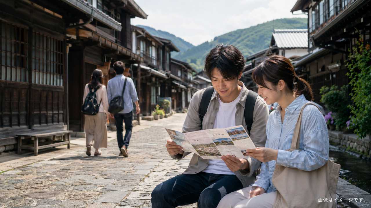 中山道の宿場町を歩く旅行者と、観光パンフレットを手にした休憩シーン