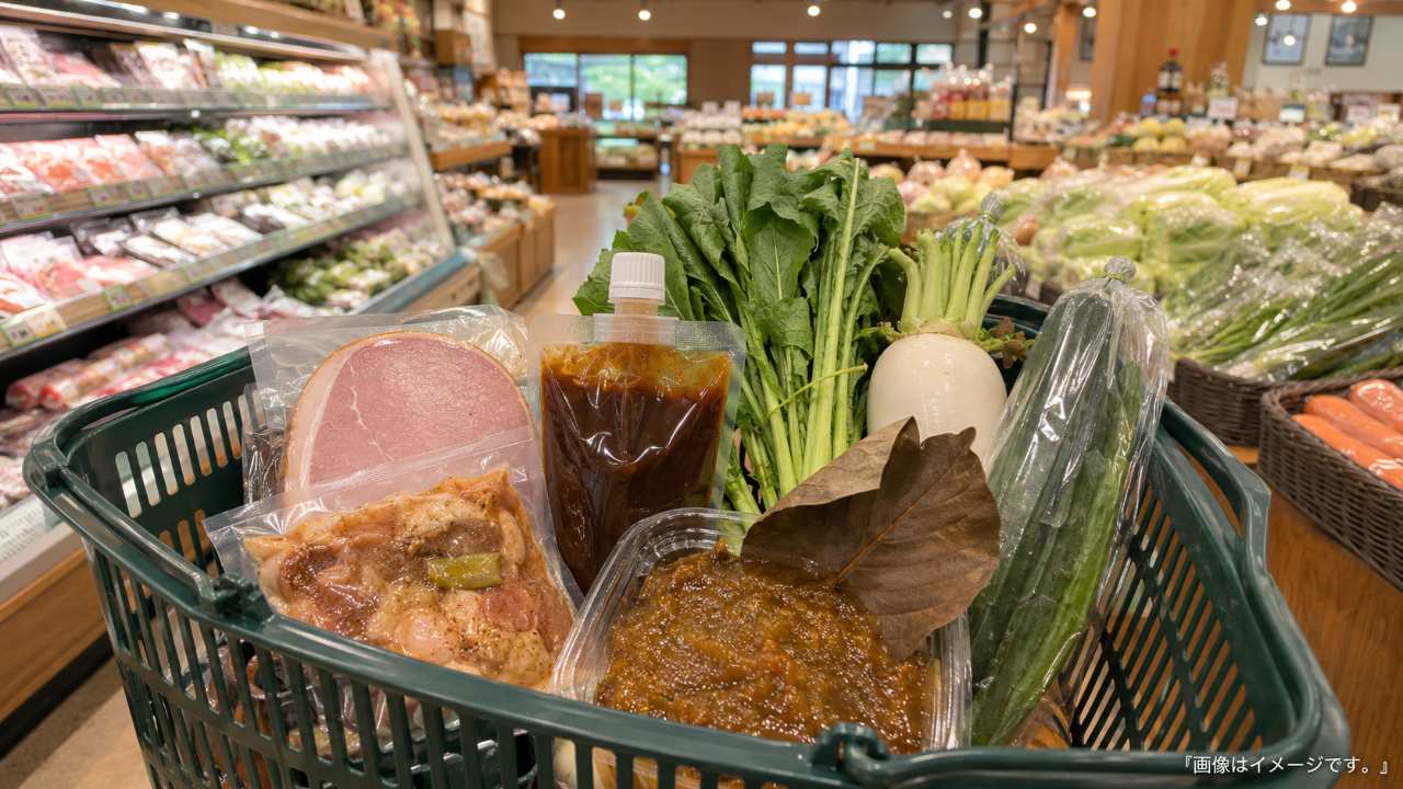 岐阜県のローカルスーパーで、買い物かごに明宝ハム風のハム、鶏ちゃん風の味付け肉、五平餅のたれ、朴葉みそ風の商品、地元野菜が入っている自然な構図