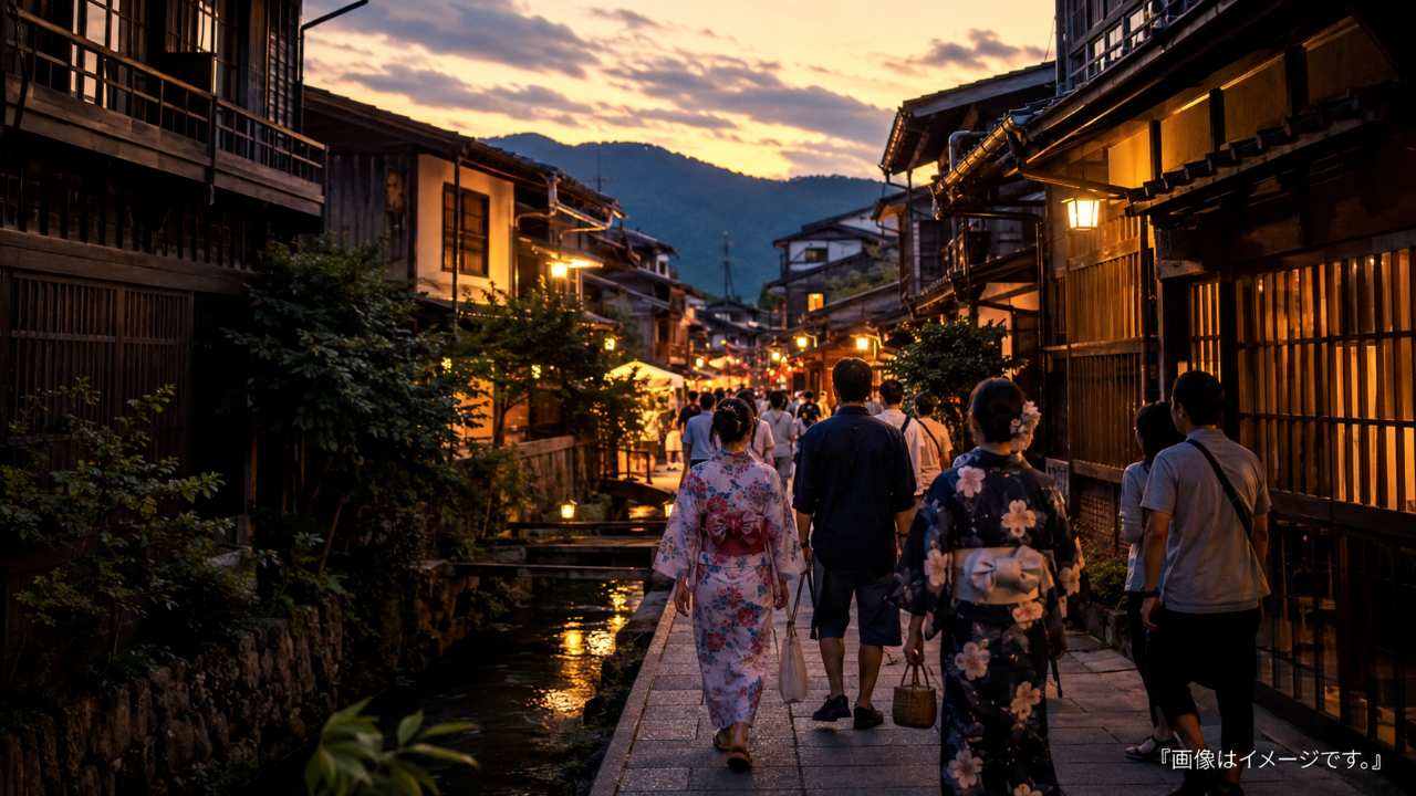 郡上八幡の城下町を歩く観光客と、夜の祭り会場へ向かう雰囲気を表現した実写風画像
