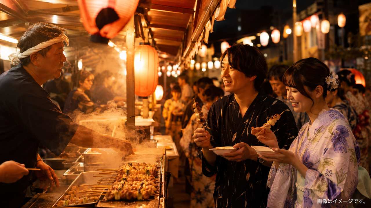 夏祭りの屋台と名物ねぎまを楽しむ人々