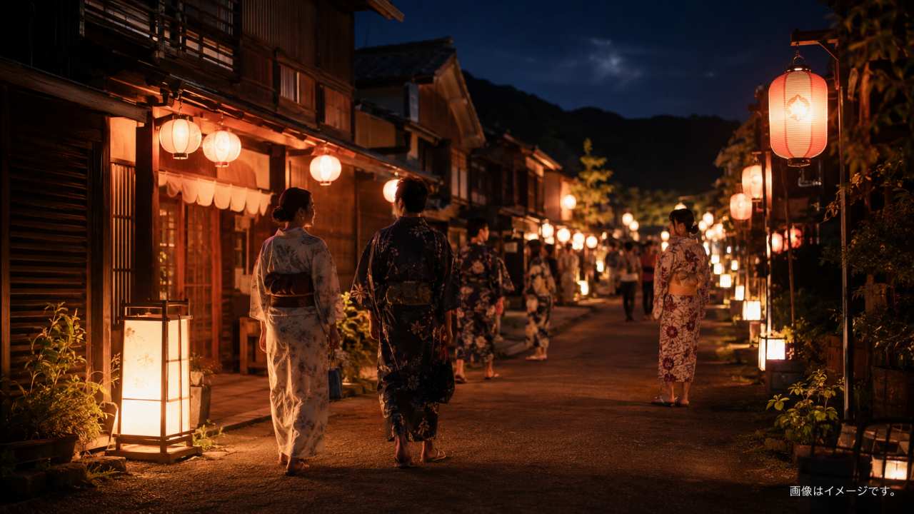 岐阜県恵那市明智町の夏祭り、夜の古い町並みに赤提灯とあんどん