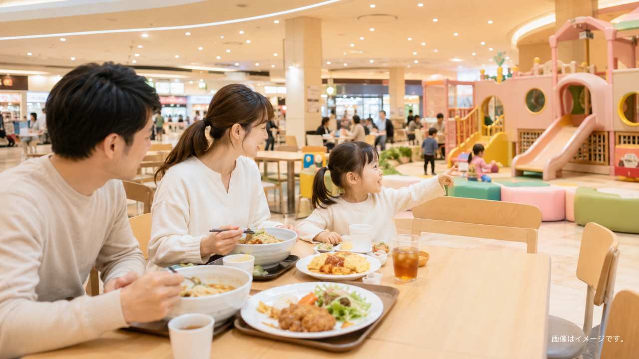 ショッピングモールのフードコートで、家族がランチを楽しみながら子どもが近くのキッズスペースを眺めている
