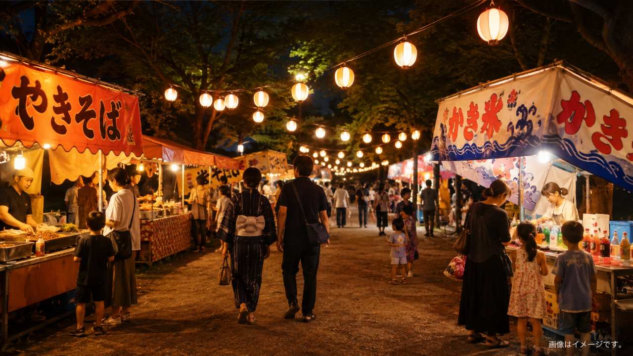 夏祭りの屋台が並ぶ夜の会場をイメージした写真風画像。