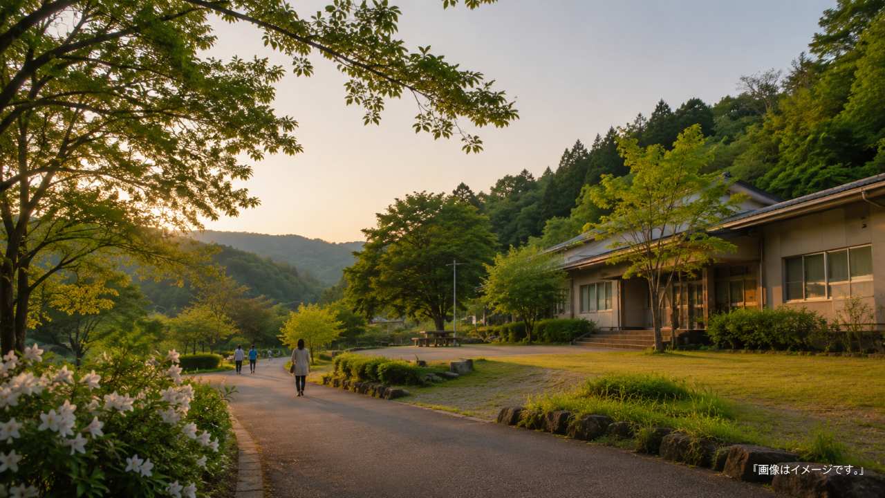 夕暮れの鶴里公民館周辺をイメージした自然豊かな里山風景