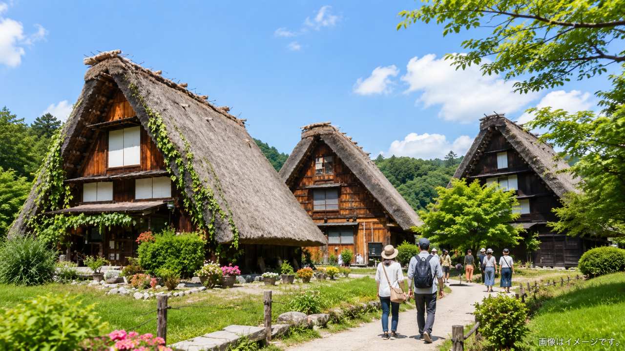 飛騨の里の合掌造り風の建物と緑豊かな園内を歩く観光客