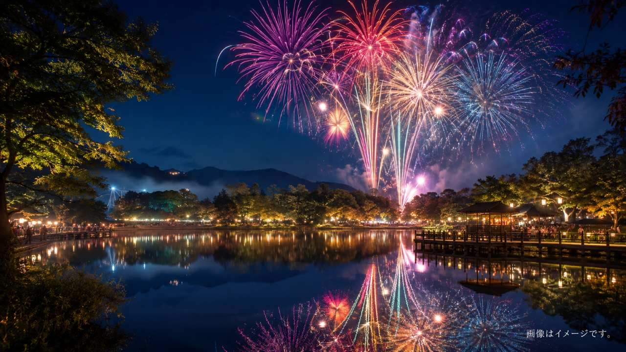 岐阜県各務原市のおがせ池をイメージした夏の夜の花火大会