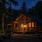 森の中のバンガロー前にランタンが灯る夜のキャンプ場