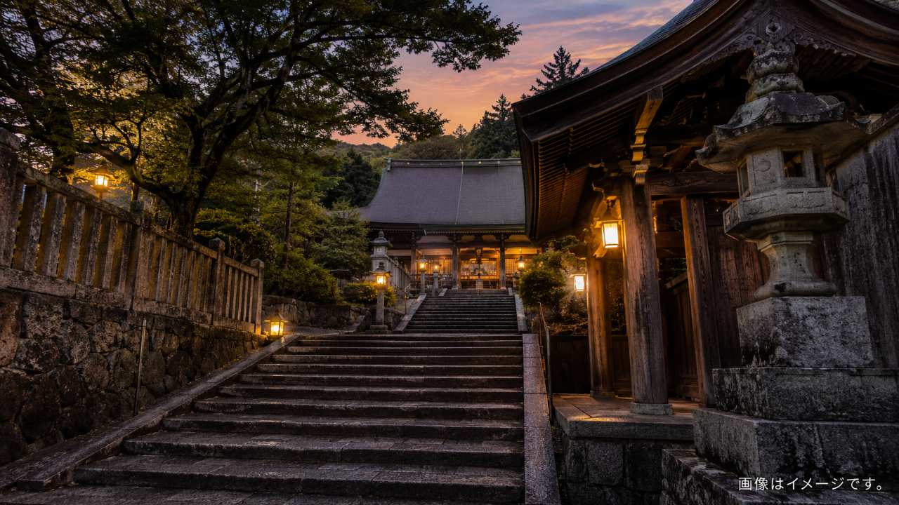 下呂温泉の温泉寺をイメージした石段と静かな境内