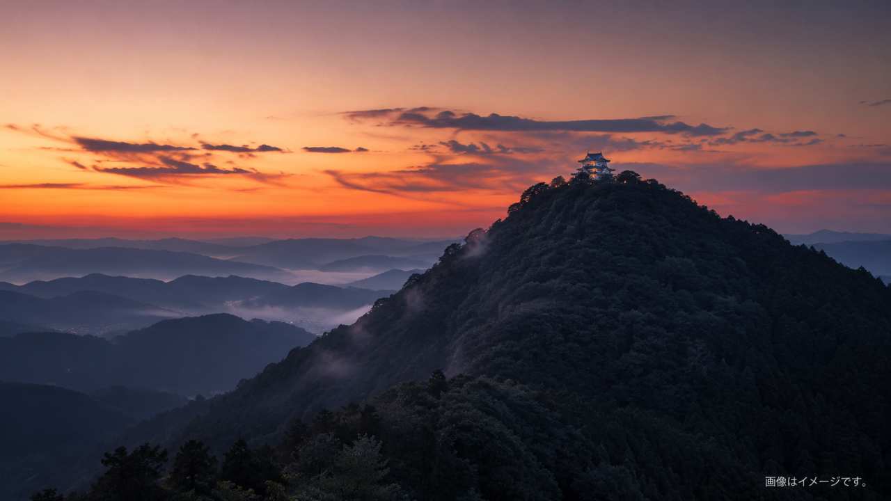 岐阜県の金華山と山頂の岐阜城をイメージしたブログ用アイキャッチ画像。夕暮れの山並み