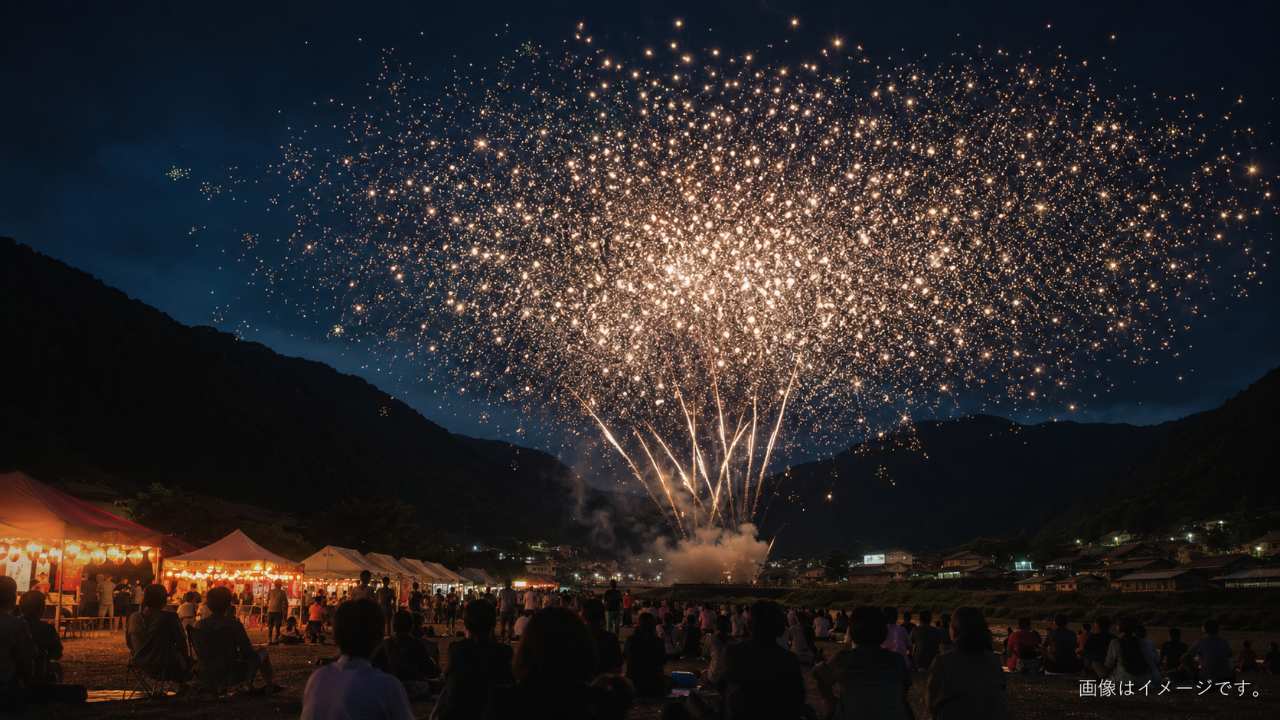 山あいの小さな花火大会でスターマインが夜空に広がる様子
