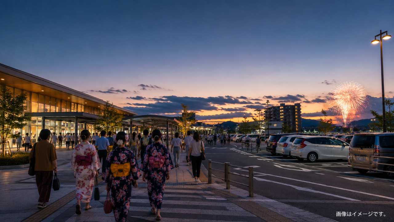 大垣駅周辺をイメージした夕方の駅前と有料駐車場