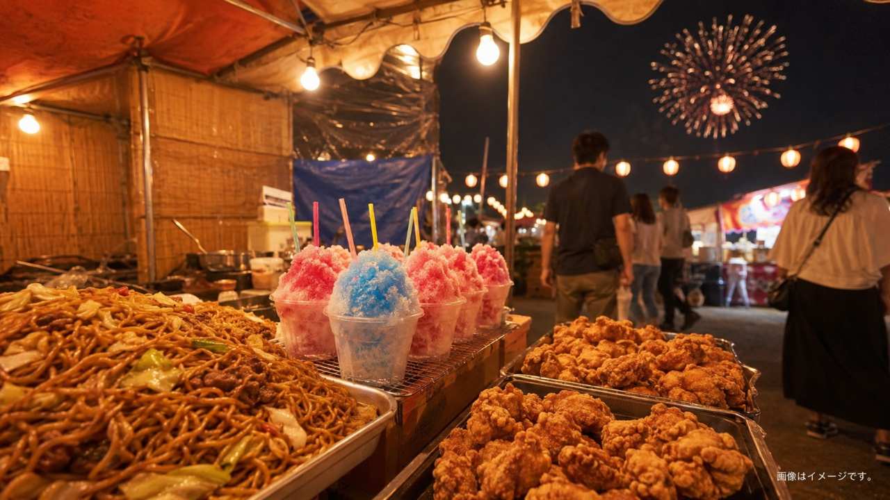 花火大会の屋台で焼きそば、かき氷、からあげが並ぶ夏祭りの実写風写真