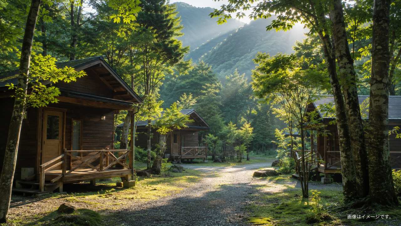岐阜県郡上八幡の山あいにある静かな自然園をイメージした、森に囲まれたバンガローキャンプ場の朝